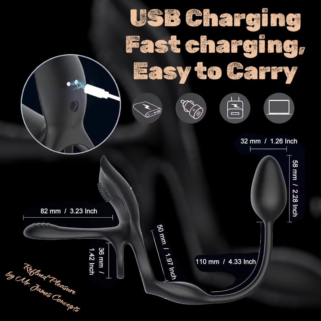 Mr James Concepts Prostate Stimulator with Dual Ring – USB Magnetic Rechargeable Male Vibrator, 10+10+10 Modes, Stretchable Silicone, Waterproof, Remote Control, Fits All