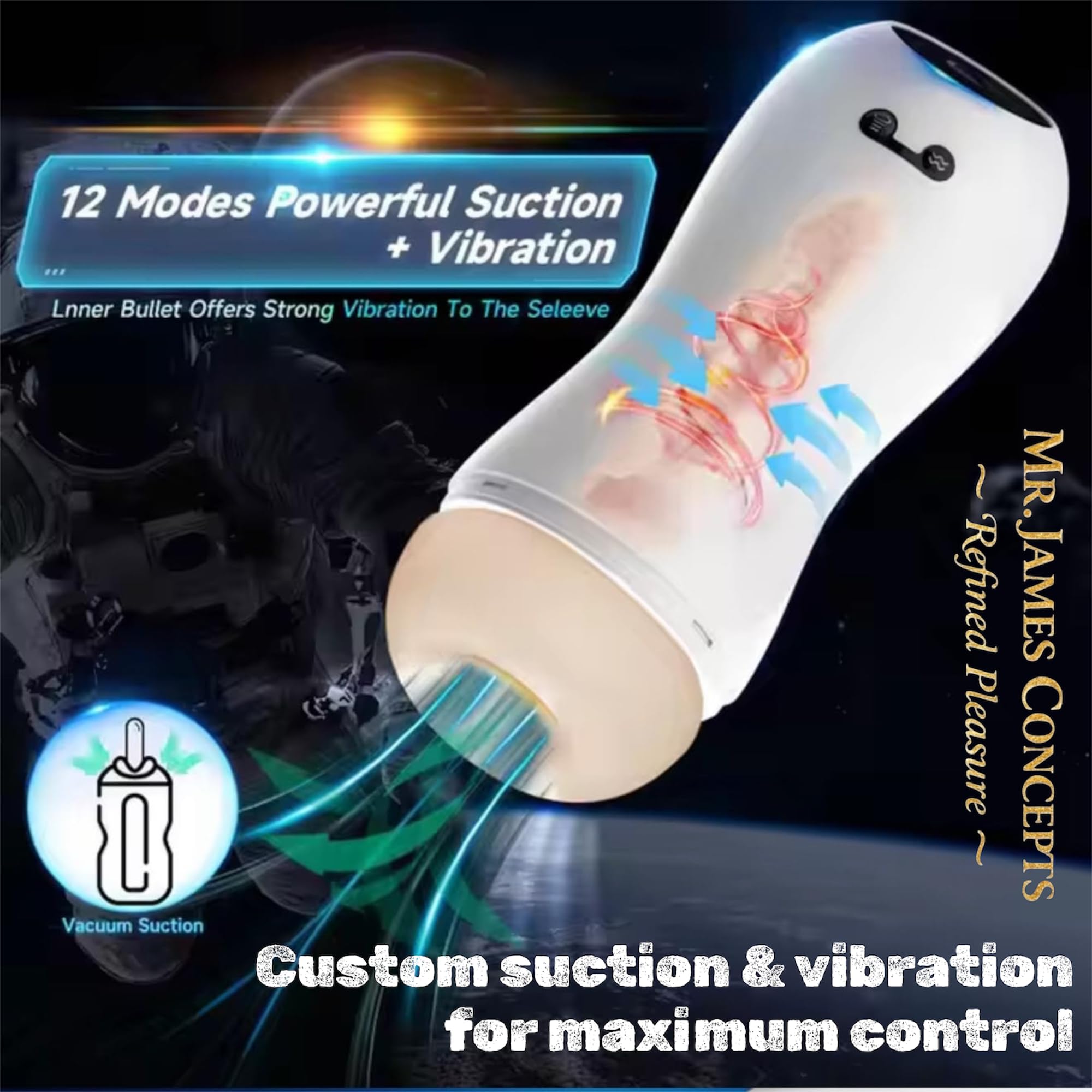 Mr. James™ Automatic Suction Masturbator Cup – 12 Suction & Vibration Modes, Heating, Hands-Free Deep Throat Blowjob Simulator, USB Rechargeable, Skin-Friendly, Glans Training Toy