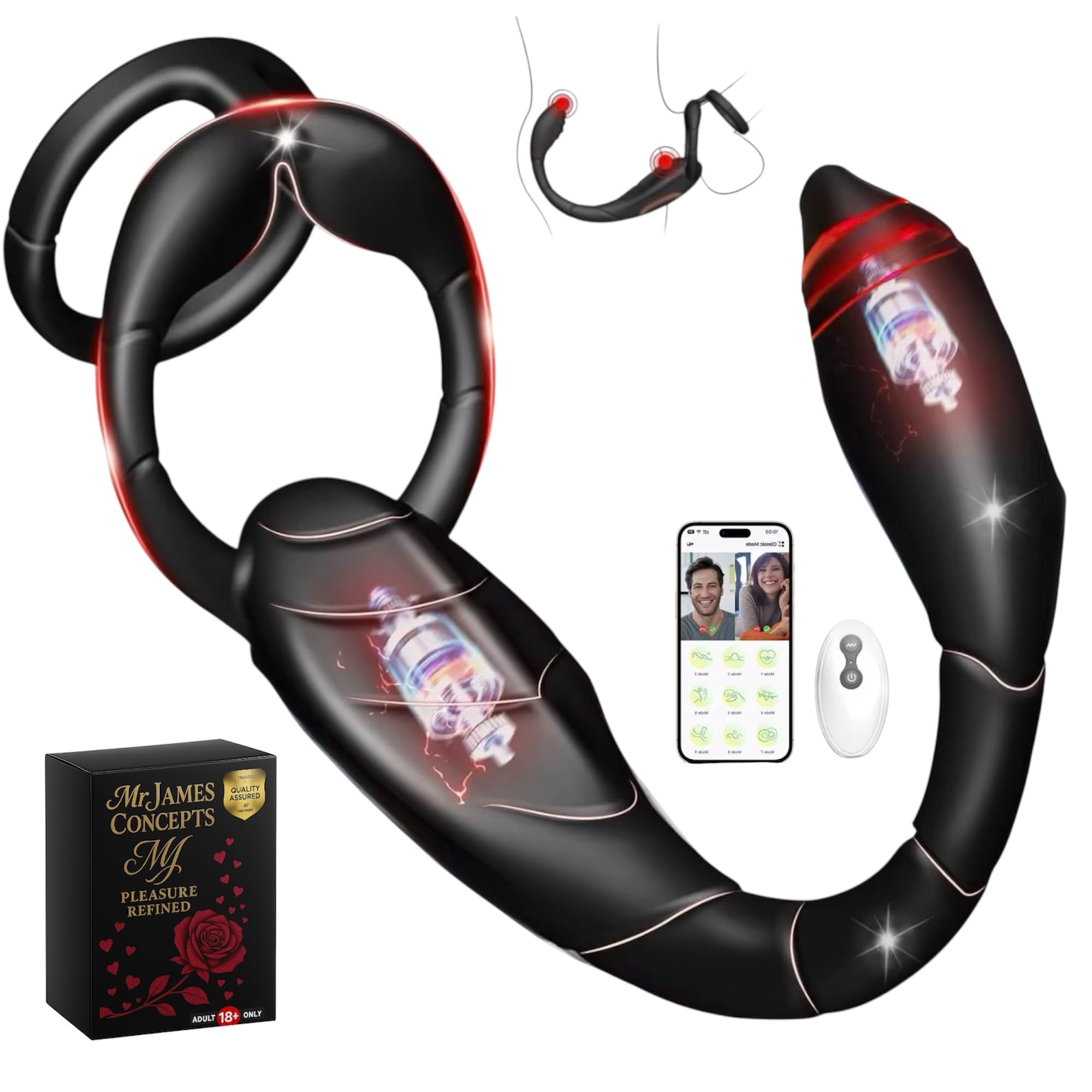 Mr. James Concepts APP & Wireless Remote Control Dual Stimulation Massager with Ring for Couples – 10 Vibration Modes, Magnetic USB Charging, Soft Silicone, Ergonomic Fit – Black